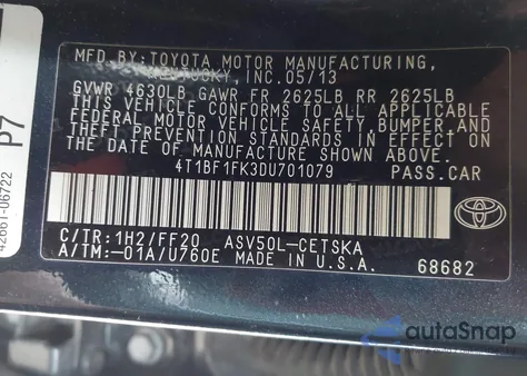 2013 Toyota Camry Se z USA, uszkodzony, nr VIN 4T1BF1FK3DU701079